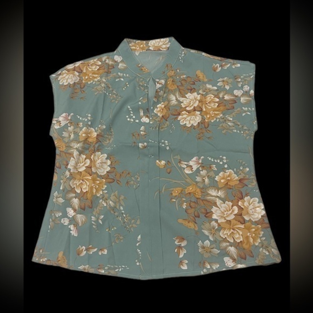 Shein Floral Printed Notched Neck Blouse Cadet Blue Medium